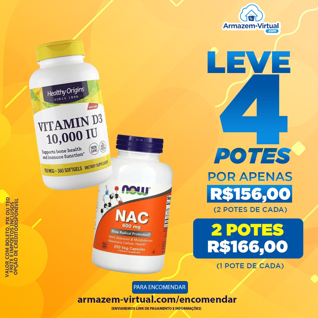 armazem_virtual's tweet photo. Comprando 4 potes (2 potes de cada) do Now Nac (600 mg - 250 veg capsules) + Healthy Origins D3 (10000 iu - 360 softgels) você paga apenas R$156,00 CADA POTE.

Também temos a opção de 2 potes (1 pote de cada).

🔵Encomendar- https://t.co/9y8cg7yzS5
📱+1 (786) 690-4800 https://t.co/w9lyQgqkek