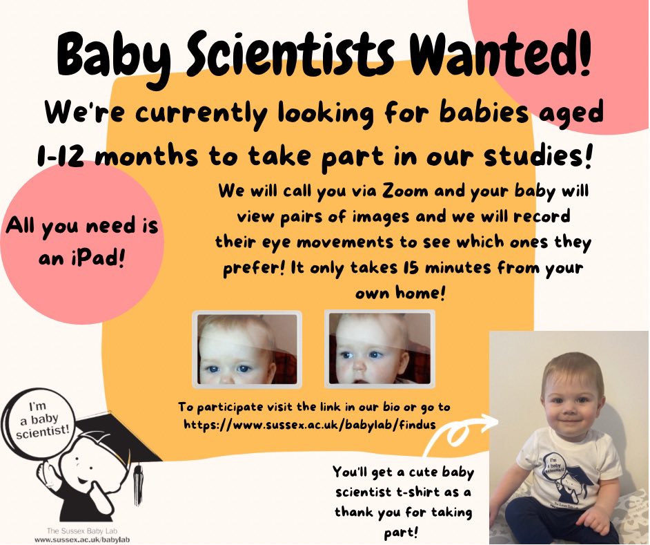 SussexBabyLab's tweet photo. We’re currently looking for 1-12 month old babies to take part in a few of our current studies! 🧠🌈👶👀
Sign up here: https://t.co/hLgrHHs7Ew https://t.co/0E9ZeQvFew