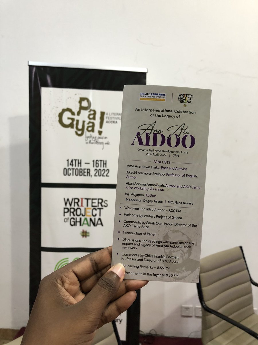 writersPG's tweet photo. All set and ready for the special event with @CainePrize. An intergenerational  Celebration of the Legacy of Ama Ata Aidoo featuring  @bisiadjapon, @poetra_asantewa and participants of the AKO Caine Prize for African Writing.
Join us at 7pm at the Omanye Hall. https://t.co/VVSJdrz6Ds