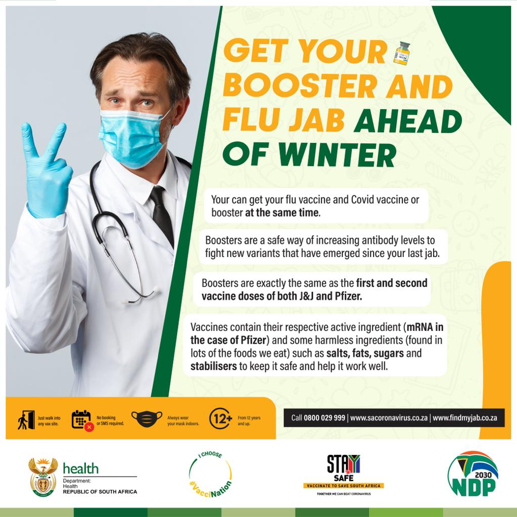 HealthZA's tweet image. Get your booster doses and flu Jab ahead of winter to protect yourself against severe disease #VaccinesSaveLives #VaccinesWork #VaccinateToSaveSouthAfrica #COVID19