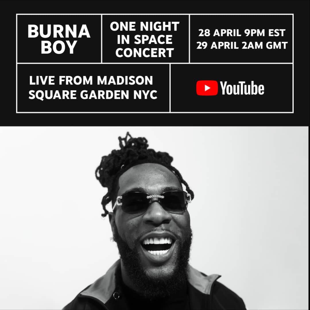 African Giant @burnaboy takes his massive talent to New York City’s Madison Square Garden tonight for his concert “One Night in Space”. Don’t miss this! You can stream live on @YouTube 2am GMT. #OneNightinSpace #LiveOnYoutube #PenzaarvilleAfrica