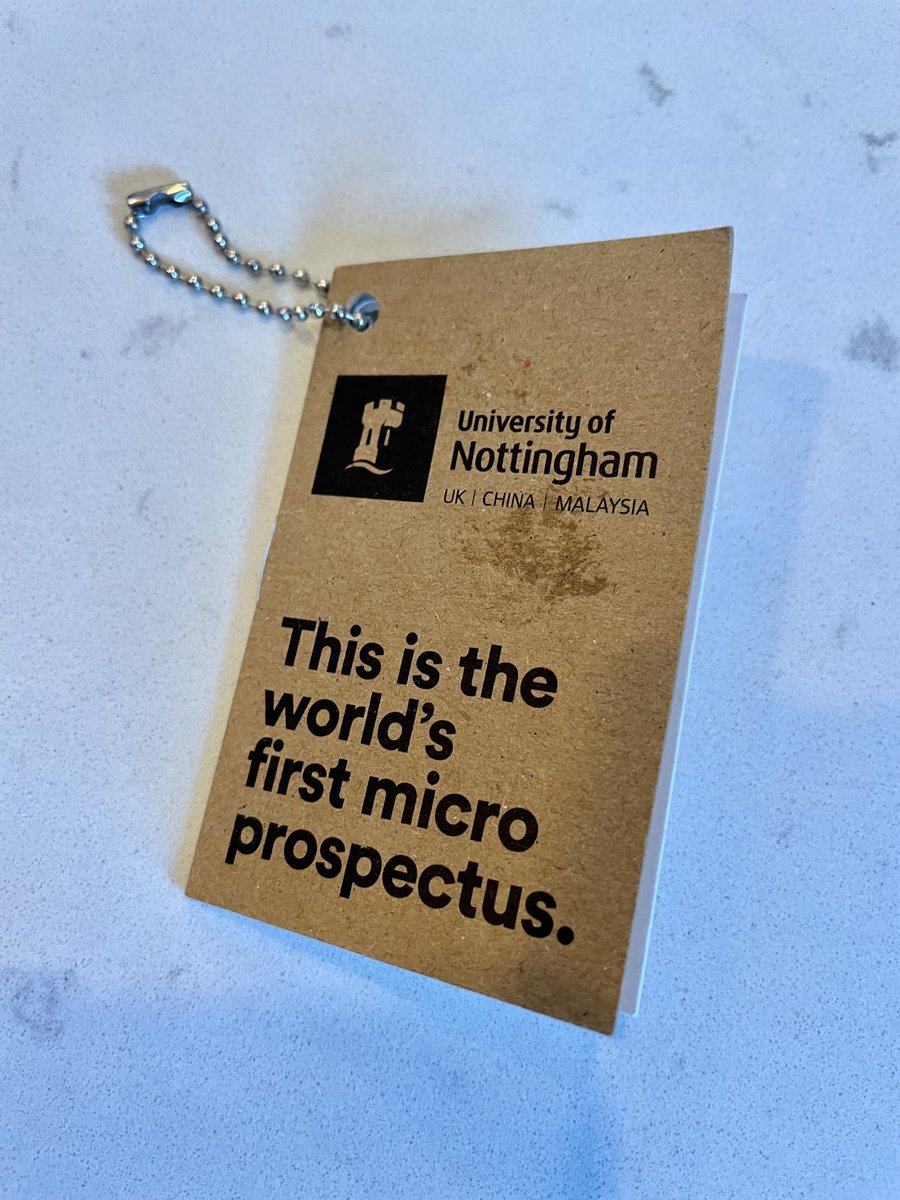 danlinstead's tweet photo. My 17 yo spent all day at a UCAS event with 143 universities and this is the only bit of marketing he brought home. Carbon efficient and just plain… efficient. Hats off to @UniofNottingham #weareuon https://t.co/G2EUWkBPBO