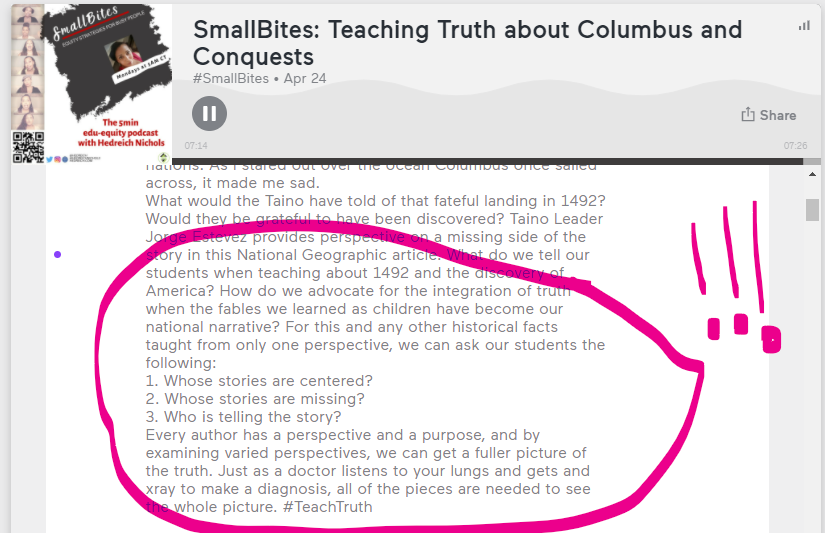 JuliaFliss's tweet photo. @Hedreich @IleneWinokur @mcdonald_kecia @ChrisQuinn64 @EvoHannan @twudio1901 SUCH an important episode.🔥 #SmallBites by @Hedreich
What do we tell our Ss when teaching about the "discovery" of America? How do we advocate for truth when the fables we learned as kids have become our national narrative? #multiperspectivity #teachtruth #storystewardship https://t.co/PdHq1sDU5v