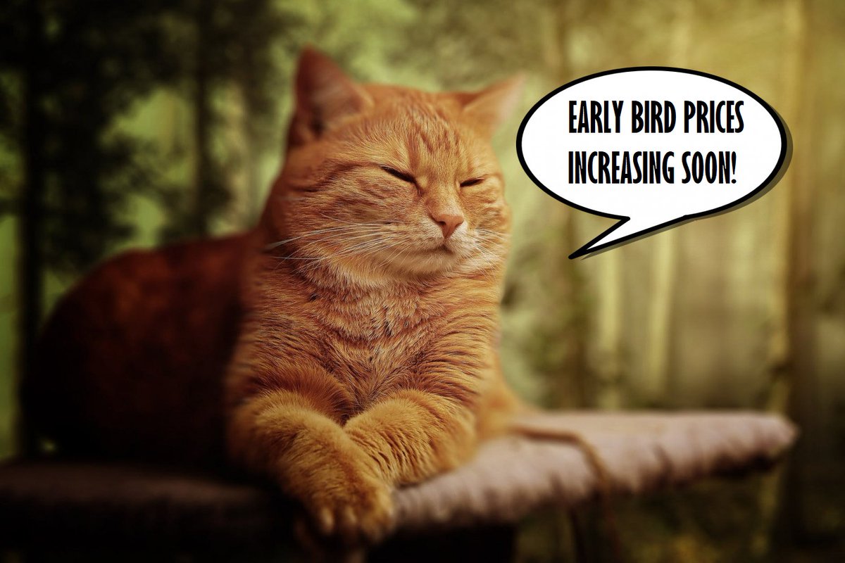 TitanConBelfast's tweet photo. You roll out of bed and stomp downstairs. In the kitchen, you glance at the calendar and freeze. May 1st. Oh no! You forgot to order your TitanCon ticket before the early bird price increase! You scream in despair. Your cat looks on with indifference.

The scene fades to black. https://t.co/wdQYoUeXMB