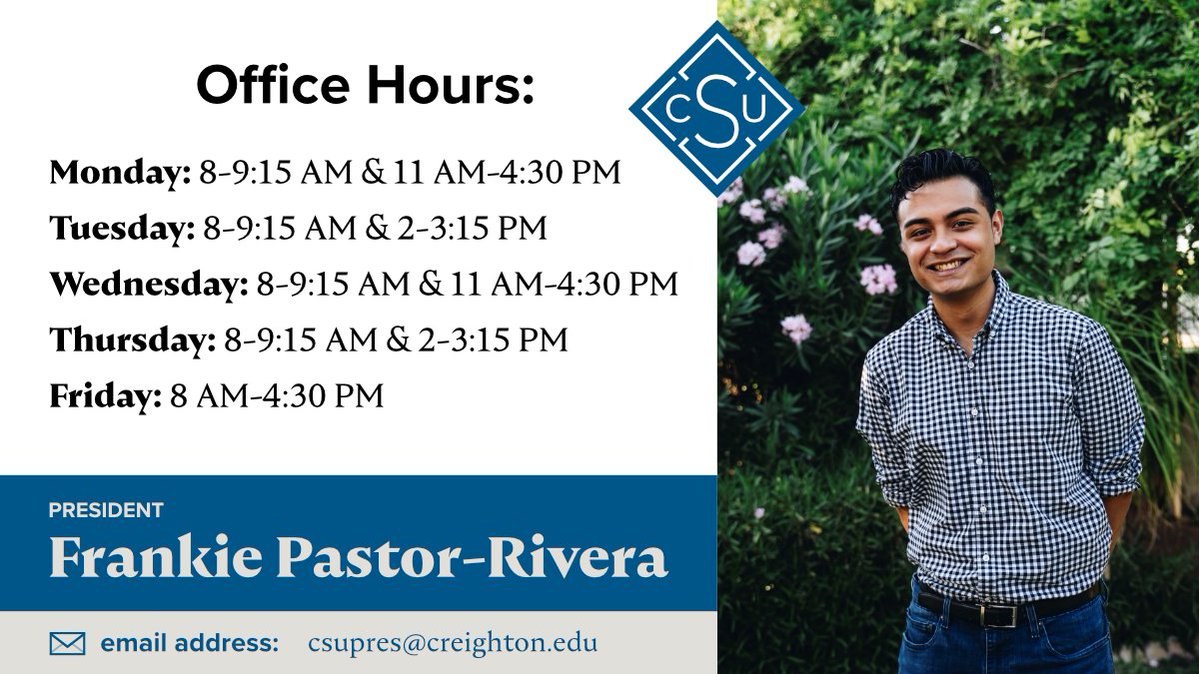 CSU1922's tweet photo. Hey BlueJays! Did you know that you can get in contact with CSU for questions, concerns, or ideas?

Here are the email addresses and office hours for members of the Executive Committee! https://t.co/65IpfXYT5p