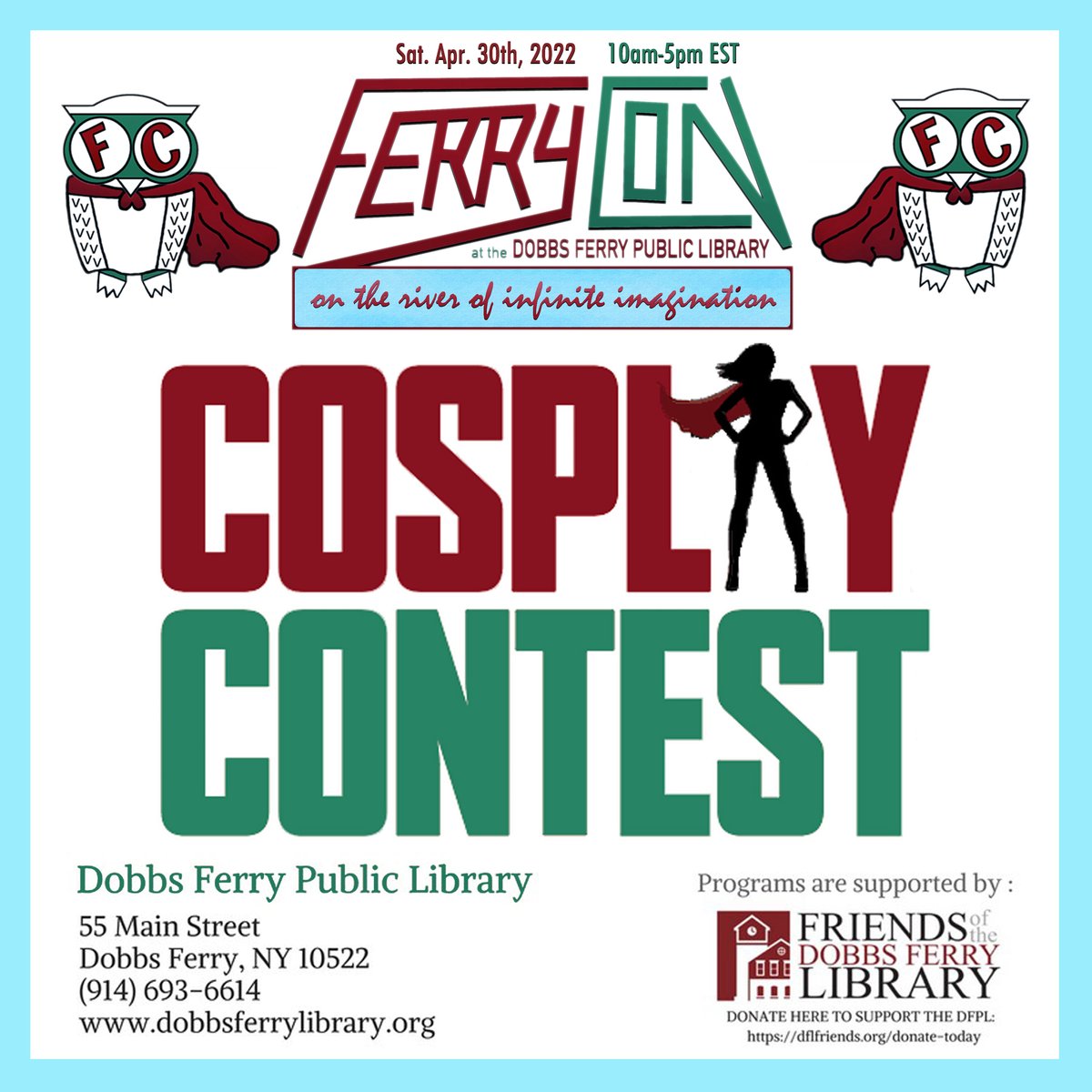 DobbsFerryLib's tweet photo. We're having a cosplay contest for all 3 age groups at this Saturday's FerryCon 2022! Make sure to come out for your chance to win a one-of-a-kind Owlie Award!
#FerryCon #FerryCon2022 #HalfwayToHalloween #cosplay #costume #cosplayer #CosplayContest #DobbsFerry #Westchester https://t.co/u0jOLMUUlB