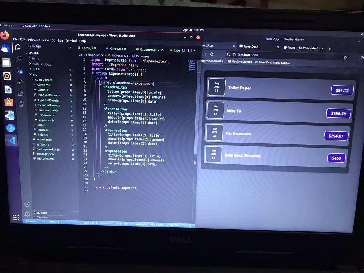 santoshdts's tweet image. Day 25
Completed my Anki review
Revised OOP concept in #EloquentJavascript
(a tough read)
Worked on some more #React components by making data dynamic.
Got introduced to an important concept of 'States' in React by using useState.
#100DaysOfCode
#100Devs