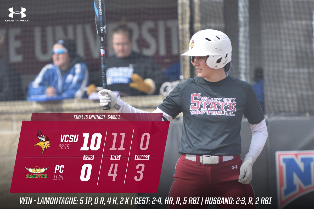 VCSUVikings's tweet photo. FINAL (5 innings): VCSU 10, Presentation 0

Anne-Elise Gest hits a 💥GRAND SLAM💥 and Lamontagne gets a shutout to lift the Vikings to a 5-inning victory! Game 2 coming up next. https://t.co/g3fQAsnpJd