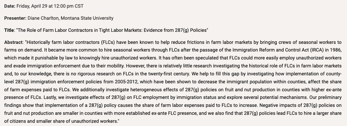 JeffBloem's tweet photo. Tomorrow at noon EST, the #OARES hosts Diane Charlton who will be presenting research on immigration enforcement policies and agricultural productivity in the US between 2005 and 2012. 

More information: https://t.co/yWkYcXu34w https://t.co/AdLJI2UpcZ