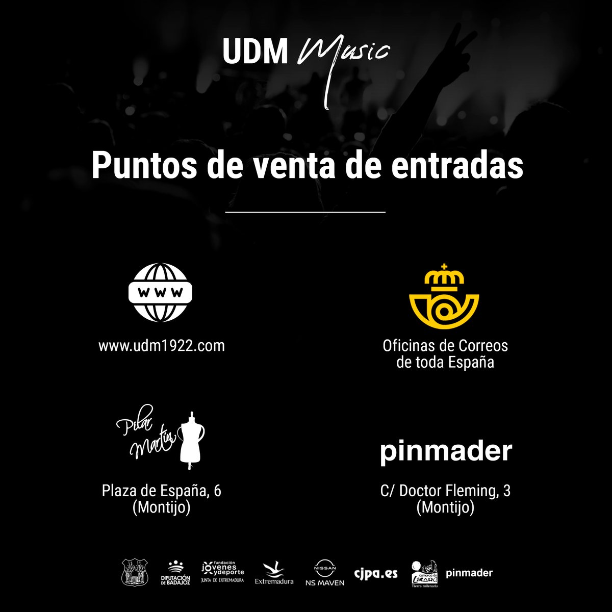 udmmusicfest's tweet photo. 🎵 [#𝗨𝗗𝗠𝗠𝘂𝘀𝗶𝗰] 🎵
📍 Puntos de venta.

🎟️ Venta física: 
➡️ Oficinas @Correos de toda España.
➡️ #Pinmader
➡️ #PilarMartínShop

🎟️ Venta online:
🔗 https://t.co/W1Xq8Onm06
 
#PiensaEnGrande | #Desde1922 https://t.co/B1Ne3Chd6C