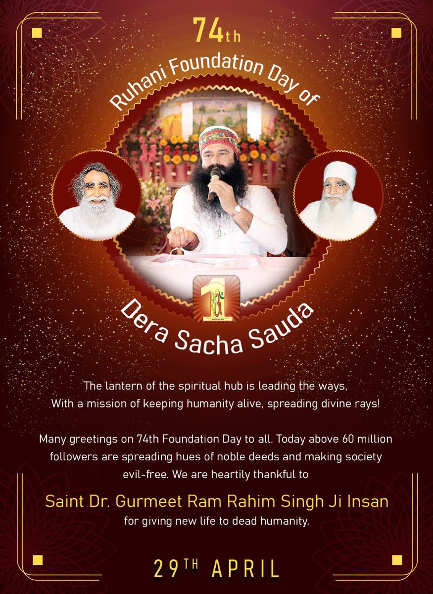 DSSNewsUpdates's tweet photo. Millions, trillions and more and more congratulations to everyone on Dera Sacha Sauda’s #RuhaniFoundationDay! Let’s celebrate and thank MSG for these beautiful gifts of humanity!
#DeraSachaSauda #74thfoundationday https://t.co/gkvKg7OGBg