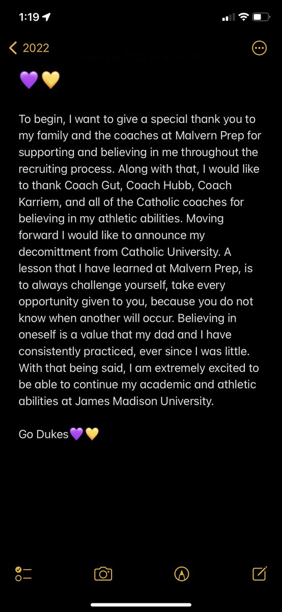 Committed. 💜💛 <a href="/CoachGueriera/">Dave Gueriera</a> <a href="/Coach_Coles2/">Dante Coles</a> <a href="/MalvernPrepFB/">Malvern Prep Football</a> <a href="/CoachBirkett/">Matthew Birkett</a> <a href="/JMUFootball/">JMU Football</a>