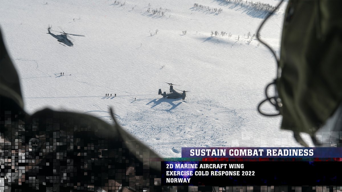 iimefmarines's tweet photo. Sustain Combat Readiness
A U.S. Marine with @2nd_MAW on a UH-1Y Venom provides overwatch alongside an AH-1Z Viper while a @usairforce CV-22B Osprey with the 352d SOW lands in a simulated hostile combat landing zone during #ColdResponse22 in Norway. @USMC @DeptofDefense https://t.co/2VElVpdlCe