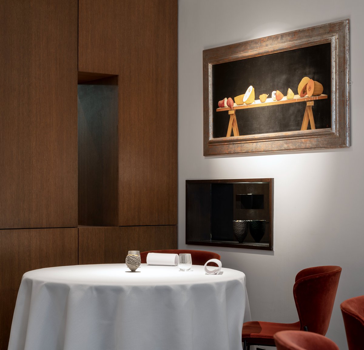 Elemental luxury - just some of the new photographs of the interior as redesigned by @MariaMacVeigh when Mickael became Chef-Patron. Photos by Donal Murphy. New flooring, seating, wall finishes, lighting. But the painting of the Lady remains in situ. Naturally.