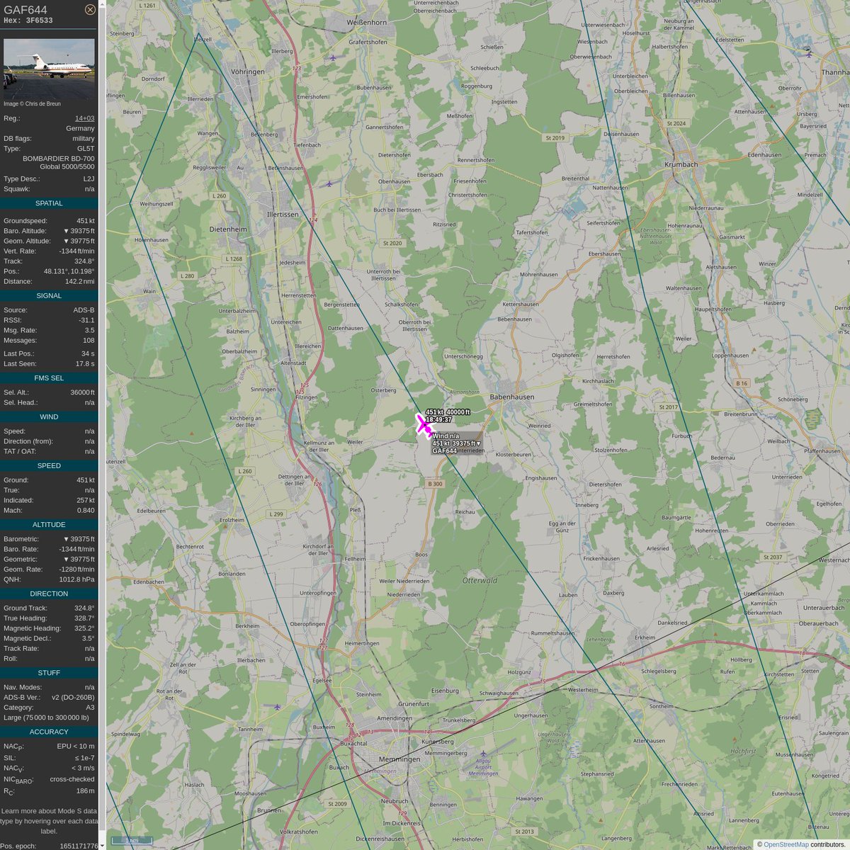 #PlaneAlert ICAO: #3F6533 Tail: #1403 Flt: #GAF644 
Owner: #GermanAirForce
Aircraft: #Bombardier Global 5000
2022/04/28 20:49:34
#GL5T #Bizjet #VIP #Luftwaffe bundeswehr.de/de/organisatio… 
globe.adsbexchange.com/?icao=3F6533&s…