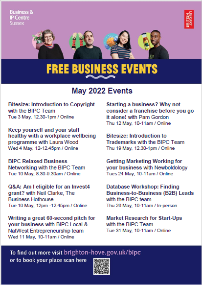 📢 Announcing our May 2022 events! 
☀️ Busy month ahead with webinars, bitesize IP sessions and networking, plus our first in-person database workshop.
📋 Head to our Eventbrite page for info about our events, and to book for free: bit.ly/3HcbdH8