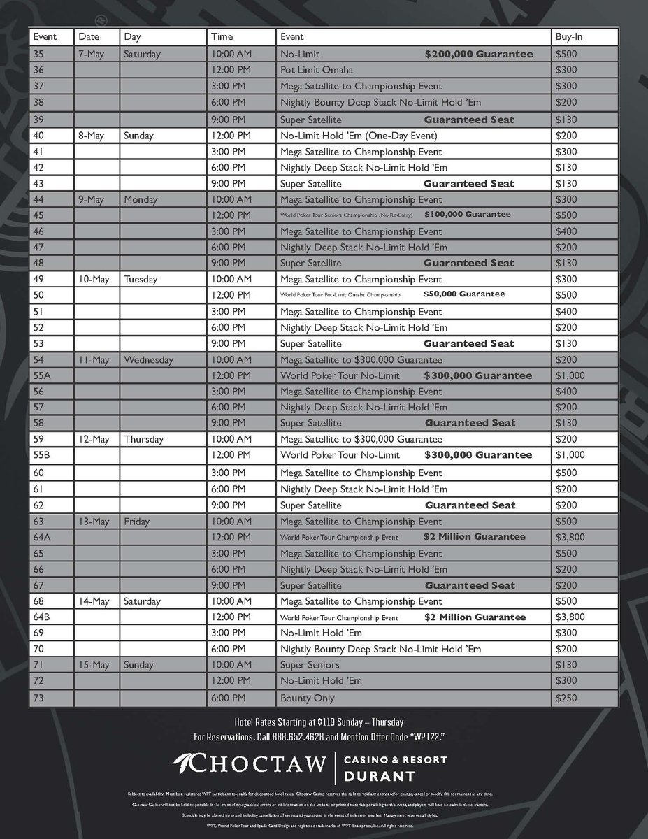 BillBruce's tweet photo. Schedule of Events for @WPT that kicks off today @ChoctawCasinos @ChoctawDurant Monster Stack today at noon. #WPTchoctaw https://t.co/hSBBD4gDyy
