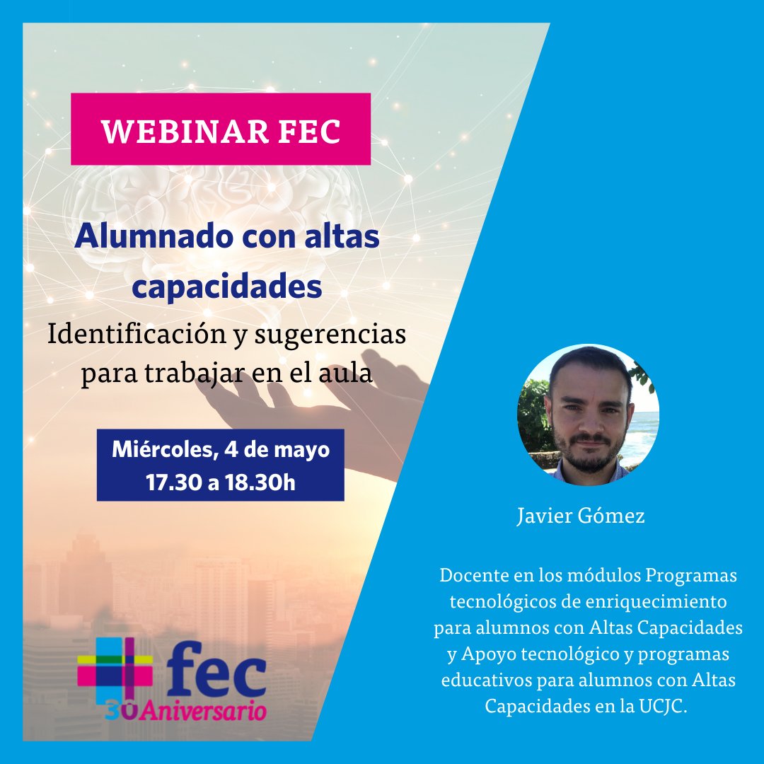 colegiosfec's tweet photo. ¿Sabes cómo identificar a un alumno con Altas Capacidades? ¿Y cómo puedes comenzar a trabajar con él en el aula para que no se desmotive? Únete al próximo #WebinarFEC y descúbrelo con @javigoto.
Link: 🔜https://t.co/IRRrqVoEXK
#SomosFEC https://t.co/bIgxmJMUDw