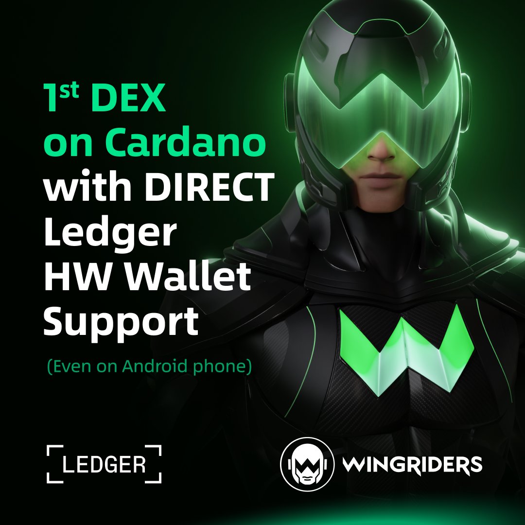 wingriderscom's tweet photo. Using directly HW wallets or SW wallets with your favorite DEX? We think HW FTW - that's why we implemented @Ledger. It even works on Android as the first DEX on Cardano 🤖🔐 https://t.co/bzbPa1zbsw
