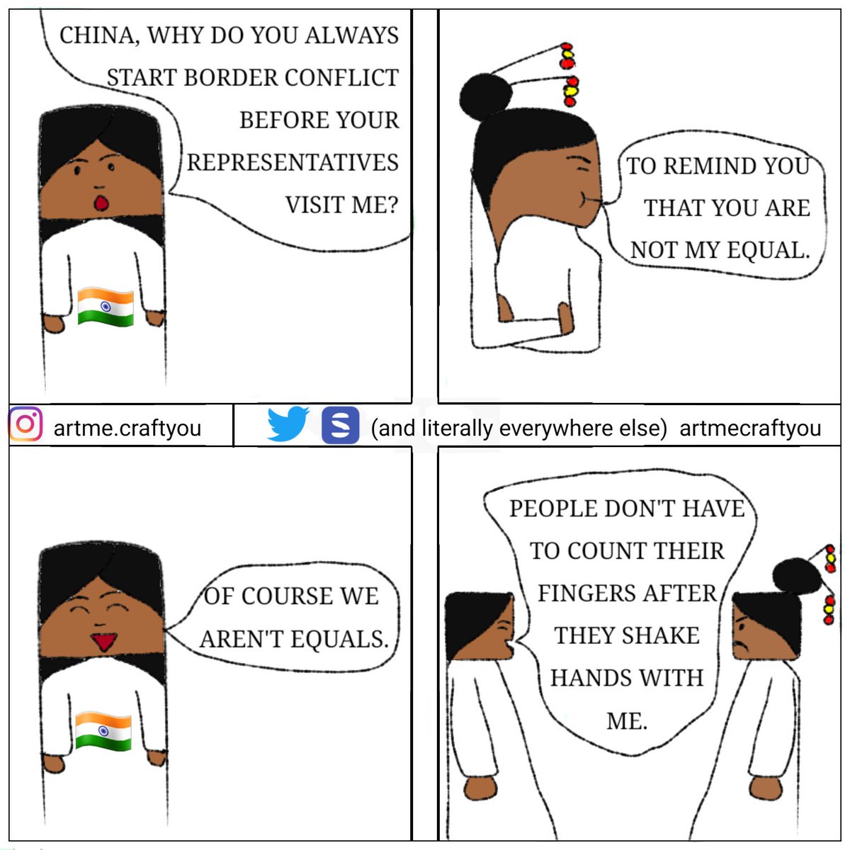 ArtMeCraftYou's tweet photo. At this point, does anyone actually trust China? #India #Indian #China #Chinese #comic #webcomics #webcomic https://t.co/7mfdAFPbSg https://t.co/DoSOdtoTc5