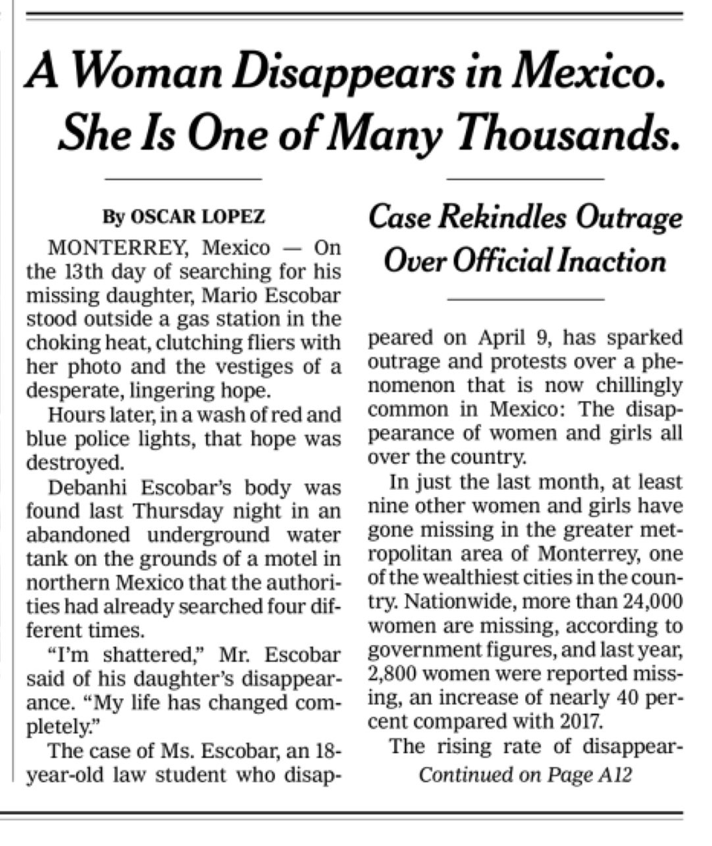 RuidoEnLaRed's tweet photo. Las desapariciones de mujeres en México están en la portada de #NewYorkTimes 

Sí, la situación es PREOCUPANTE, aunque ayer  Gustavo Adolfo Guerrero, fiscal de Justicia de Nuevo León haya afirmado que las mujeres salen de su domicilio VOLUNTARIAMENTE 🙄 https://t.co/BNJu8lKiY1