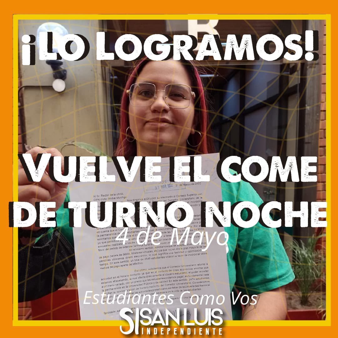 Sindependientee's tweet photo. ✨LO LOGRAMOS✨

👉 Lo pedis, lo tenes! Vuelve el comedor en el turno noche 💚

#SanLuisIndependiente
#EstudiantesComoVos
#EstamosDondeTenemosQueEstar https://t.co/5kZ2TVUydt