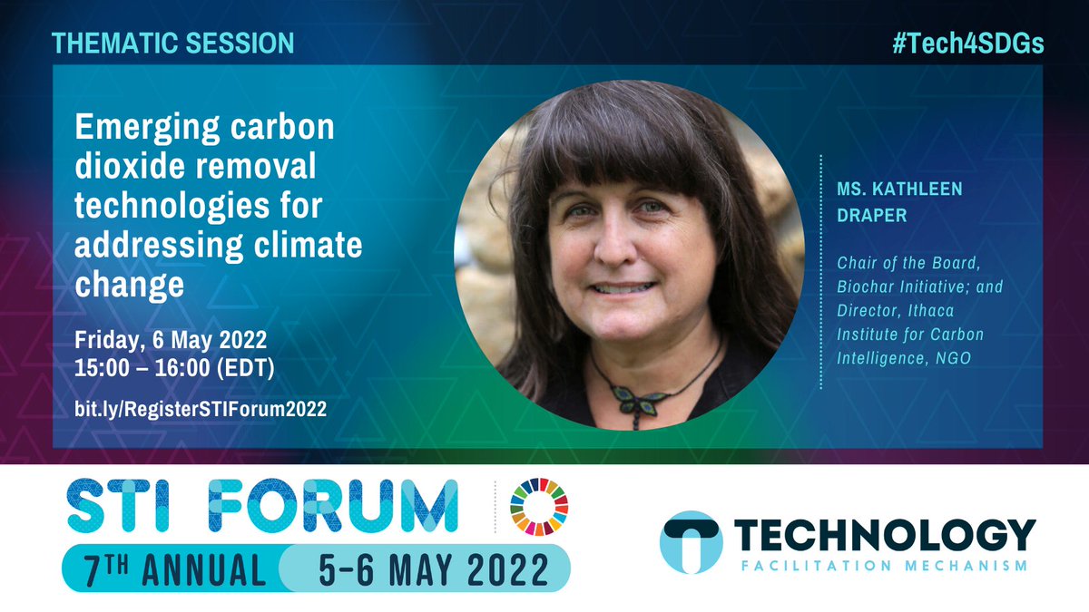 SustDev's tweet photo. Want to know about the types of carbon dioxide removal technologies and partnerships needed to reach net-zero emissions?

👉 Join Ms. Kathleen Draper @Biocharro, Chair of the Board of @Biochar_IBI, at the 2022 STI Forum on 5 May: https://t.co/RdMTKlB2aE

#Tech4SDGs https://t.co/H4zNelILmh