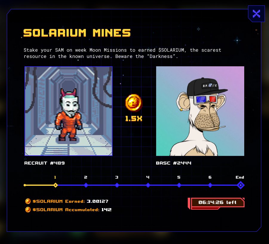 ageofsamnft's tweet photo. A little preview of accumulated $SOLARIUM that will be released on every first Moon Mission. 🚨

Btw, even non-matching heads will still earn 1.5x. 😎

Shoutout to @BASC_DAO! Where you crazy apes at? 🐒

#Staking #StakingRewards #NFTSTAKING #pixelart #SolanaCommunity #SolanaNFT https://t.co/ES8mDR5MJX