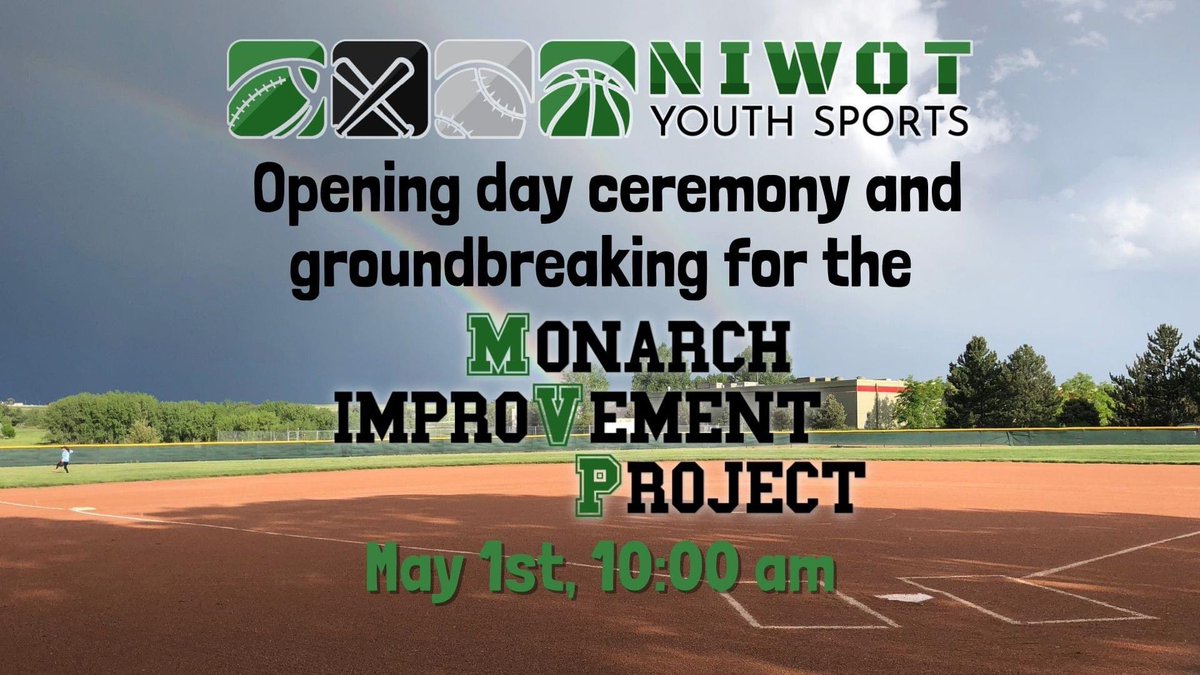 This Sunday-May 1 at 10:00! All #NYS families, past and present, we’d love to have you join us! We’ll have inflatables, concessions, info about the #monarchimprovementproject and Dinger from the #coloradorockies! #niwotyouthsports #mvp #niwotcolorado #niwot