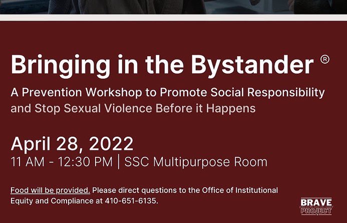 umesbrave's tweet photo. Missed out on our shirts and hats yesterday? Come out to our Bringing in the Bystander workshop today from 11 AM to 12:30 PM in the SSC Multipurpose Room. Food will be provided!

Last chance for the hats! 

 #UMES https://t.co/GhkBM3P6rX