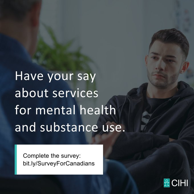 ChildHealthCan's tweet photo. The Canadian Institute for Health Information @CIHI_ICIS is working to understand the experiences of Canadians accessing mental health and substance use services. Complete this short, anonymous survey to help improve these services across the country! https://t.co/vR6lfgvXDO https://t.co/mmP7shJBlR