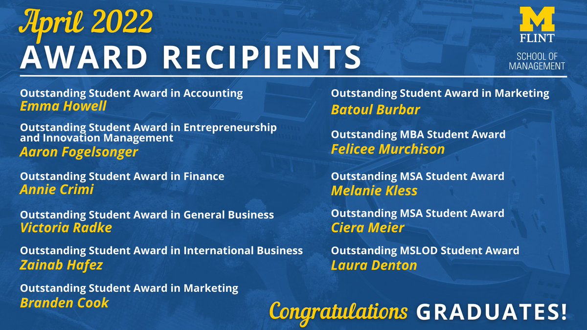 UMFlintSOM's tweet photo. Congratulations to the winter 2022 School of Management award recipients! #umflint #umflintsom https://t.co/UtvQ8fYqBH