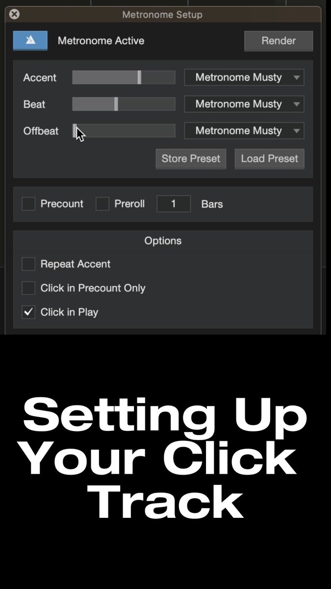 PreSonus's tweet photo. Here's a Studio One Minute on how to turn on the metronome in Studio One. 

WATCH NOW: https://t.co/E8KgXa0tvr https://t.co/e1F01mzYQ7