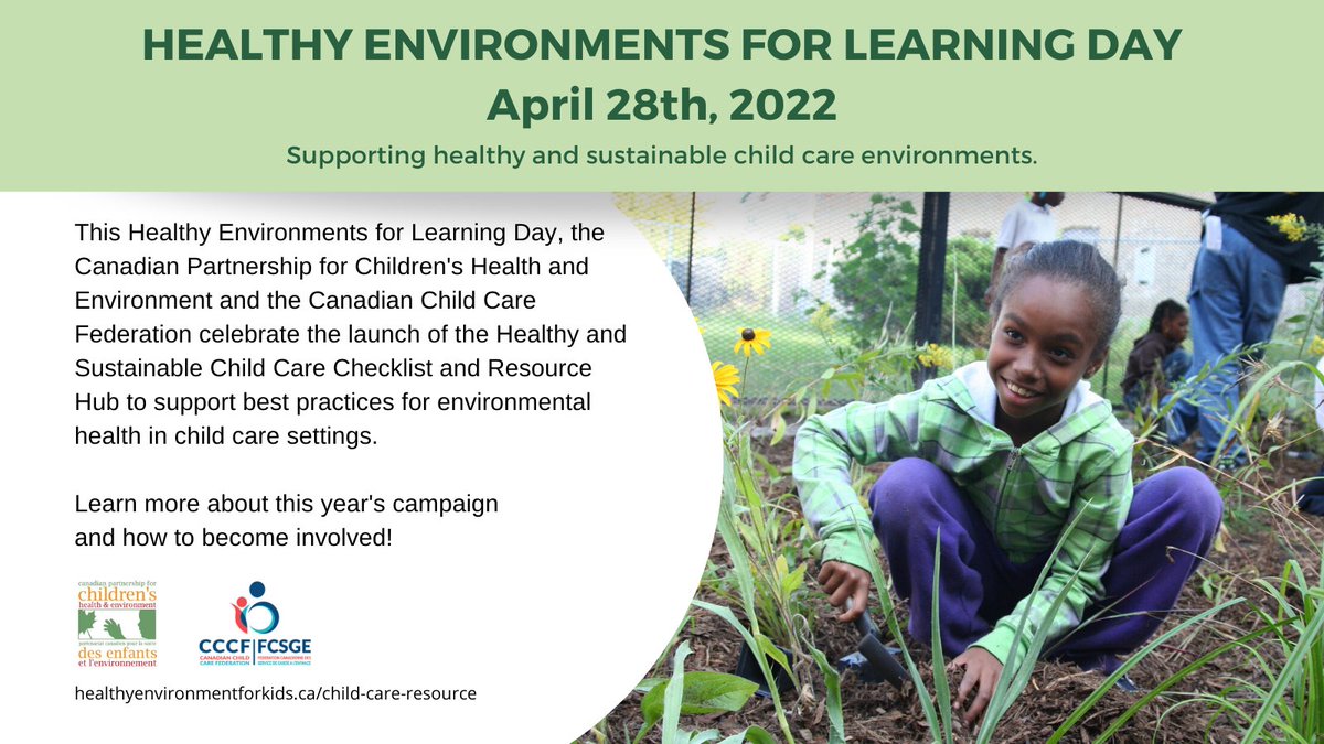 HEALTHY ENVIRONMENTS FOR LEARNING DAY is today. 
Join us in supporting healthy and sustainable child care environments. 
Learn more. healthyenvironmentforkids.ca/child-care-res… 
Get involved. healthyschoolsday.ca  
<a href="/HealthySchCan/">Healthy Environments for Learning Day (HELD)</a> 
<a href="/CPCHE_info/">CPCHE</a> 
<a href="/CCCF_FCSGE/">Canadian Child Care Federation</a>