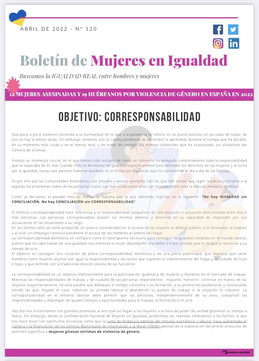 MujeresIgualdad's tweet photo. 📰Ya está disponible nuestro #boletín del mes de #abril. 
No dudes en acceder a la web de #mujeresenigualdad para consultar nuestras últimas noticias sobre #igualdad #mujer #asociaciones #correponsabilidad y muchas cosas más https://t.co/S6VhOosWoT https://t.co/IdmzL7Bfjn