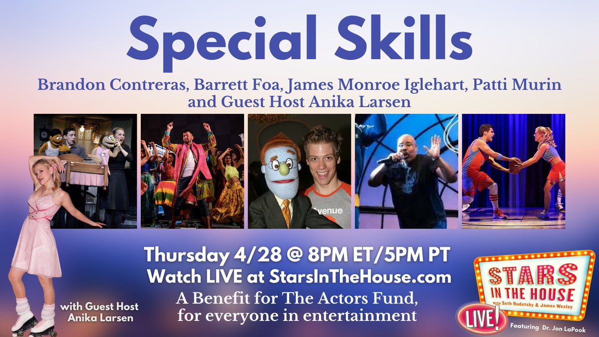 TONIGHT guest host ANIKA LARSEN is showcasing special skills learned on the job with @ohhey_brandon @BarrettFoa @jamesmiglehart and @PattiMurin ! 🌟What's the craziest skill you've ever learned for a show?🌟 8PM ET on StarsintheHouse.com A fundraiser for @TheActorsFund