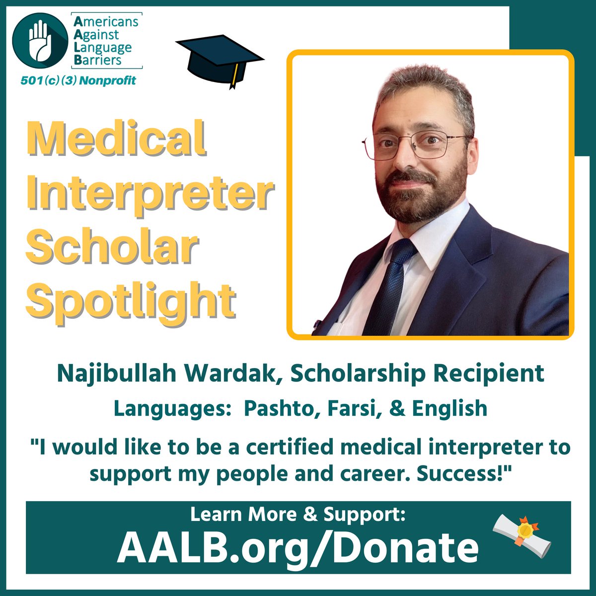 We are dedicated to the training of medical interpreters to prevent communication errors from occurring during healthcare appointments, which can lead to harm. We hope that you will support our scholarship by donating on our website: AALB.org/donate