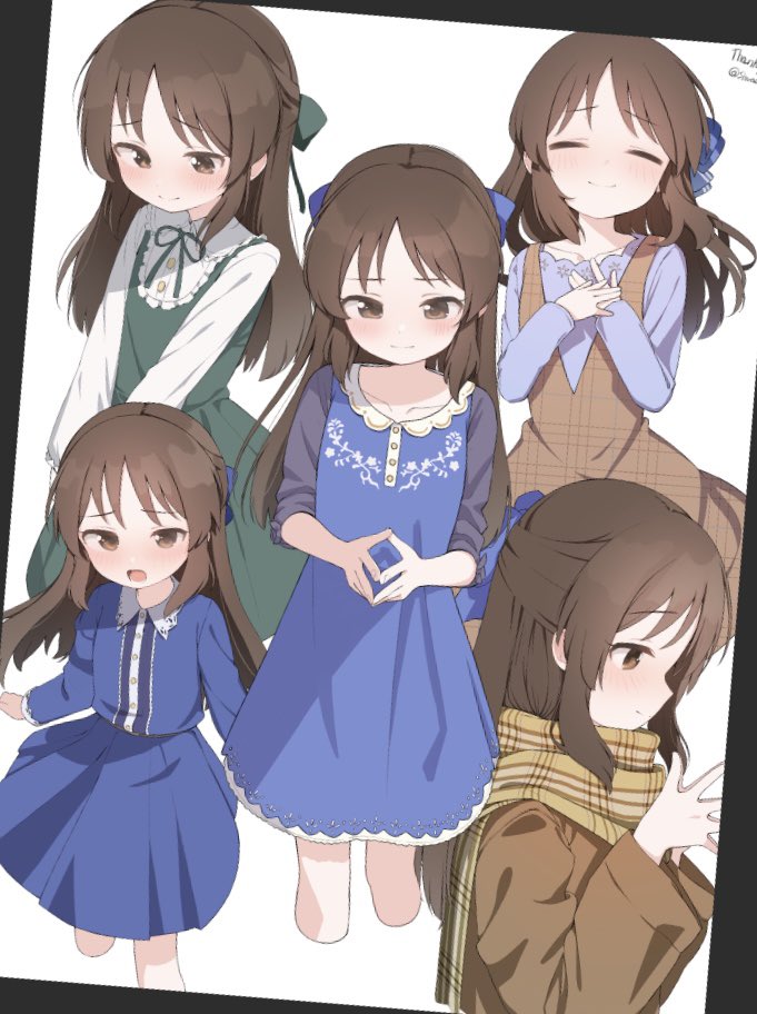 tachibana arisu 1girl dress brown eyes brown hair scarf blue dress blush  illustration images