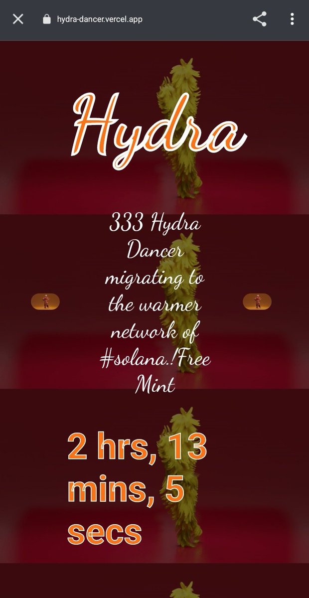 🥇🥇🥇 Total Supply :- 333🥇🥇🥇

👍👍Free Mint For Everyone 👍👍

❤️There are 2 hours left in the mint❤️

hydra-dancer.vercel.app

😞Please Don't Click Any DM Links 🙏

#FreeNFT #tranding #NFTCommunity #NFT #NFTs #NFTdrop #NFTGiveaways #NFTGame #SolanaNFT #SOL #SolanaAirdrops