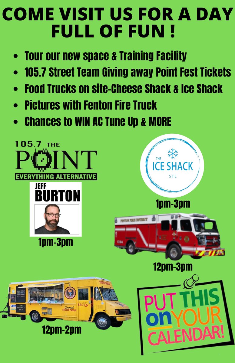Mark your calendars! May 14th, from 12-3pm, we are celebrating our NEW Headquarters with a Grand Opening party, hosted by Jeff Burton from 105.7 Rizzuto Show. Lots of food, fun and prizes! We can't wait to see you all there! 950 Bolger Ct Fenton MO 63026