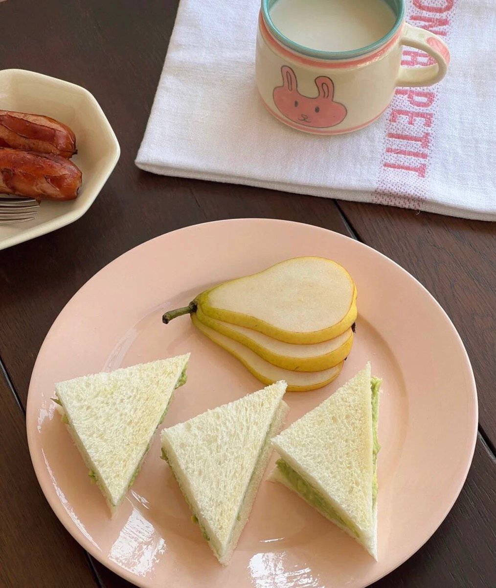 Avocado toast, sausage, milk, pears, simple breakfast.
