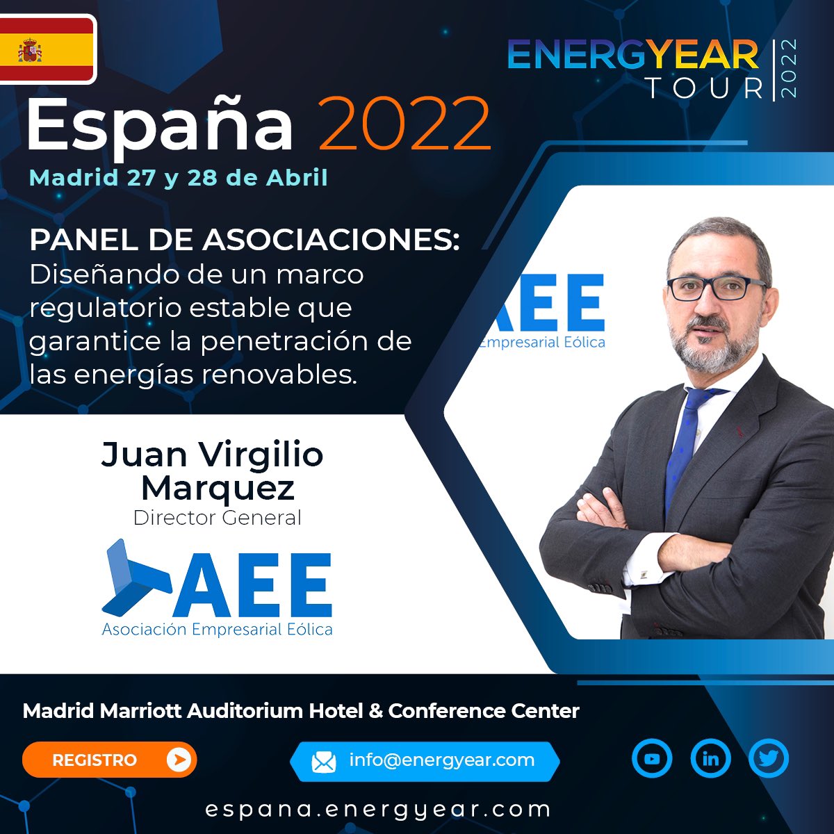 aeeolica's tweet image. #Energyear Para Juan Virgilio Márquez, CEO de AEE, nos encontramos en un tiempo de incertidumbre: “Entre otros cambios normativos, tenemos que actualizar el #PNIEC para que los objetivos de penetración de las #EERR sean acordes con los objetivos europeos”