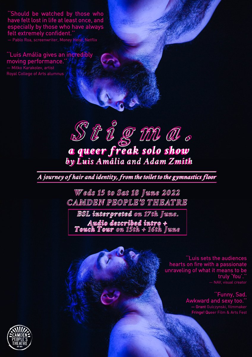 _luisamalia's tweet photo. Speaking to the rhythm of a metronome while doing stepping.
Visiting a gay sauna with too much body hair.
Losing an Olympic medal in Gymnastics.
Becoming a Hollywood actress.
 
—Is this serious?—Yes!
STIGMA can make it work!
 
15—18 June 2022
@CamdenPT
> https://t.co/2aRmN3tAWQ https://t.co/VbBLG24FVf