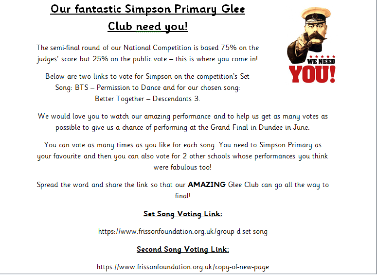 Please visit the links and vote for Simpson Primary Glee Club as many times are you can and send them to the National Final of their Competition! <a href="/SimpsonGleeClub/">Simpson Primary Glee Club</a> 
Set Song:
frissonfoundation.org.uk/group-d-set-so…
Second Song:
frissonfoundation.org.uk/copy-of-new-pa…