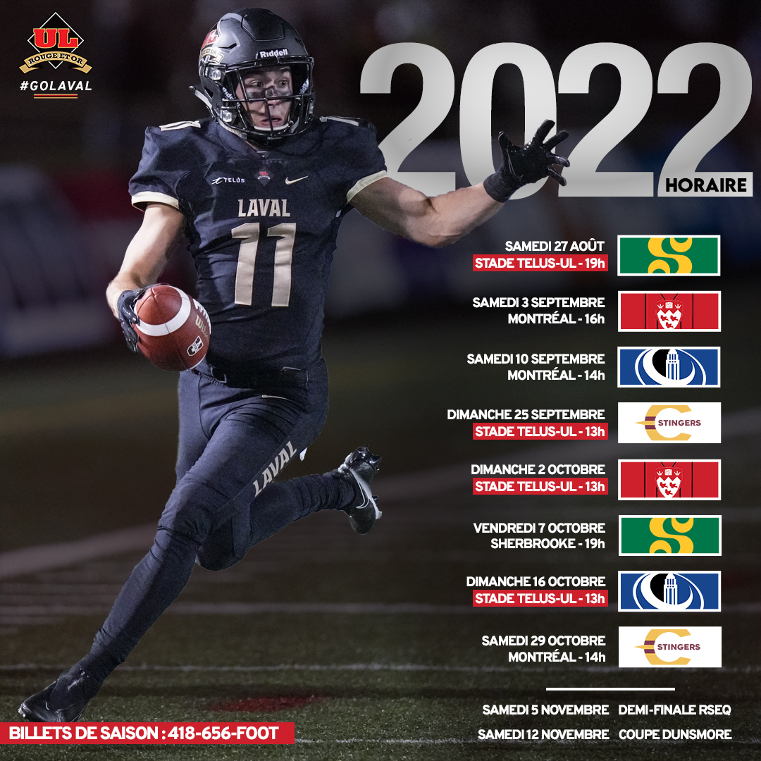 🏈Le voici, notre calendrier 2022! Réservez vos dates, cette année, on reprend le contrôle du Stade!

🎟 Billets de saison 📞 418-656-FOOT
🎟 Billets unitaires disponibles très prochainement (on vous tiendra au courant!)