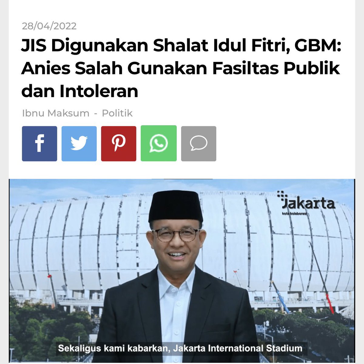 _Rizmaya__'s tweet photo. Sulaksono: @aniesbaswedan melakukan politisasi agama dgn memanfaatkan JIS untuk Shalat Idul Fitri. 

Sebab saat ini msh banyak tempat ibadah umat Islam yg tersebar di Jakarta yg dpt digunakan untuk melaksanakan Shalat Idul Fitri.

https://t.co/WIjUVqbO3S

https://t.co/2FJ1L89jIE https://t.co/iiLHA29sov