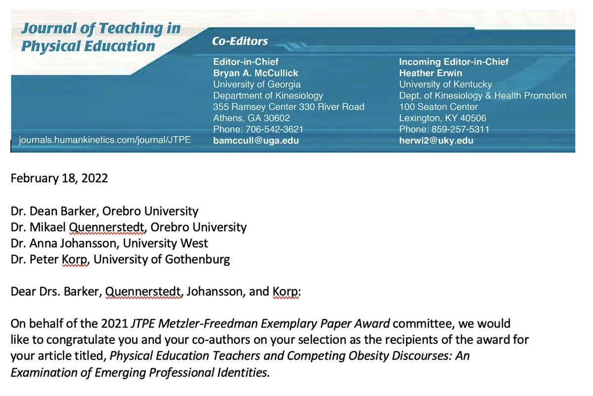 Looking forward to the huge honour to together with <a href="/DrDeanBarker/">Dean Barker</a> Anna Johansson and Peter Korp receive the <a href="/JTPEjournal/">Journal of Teaching in Physical Education</a> Metzler-Freedman Exemplary paper award in an hour or so!
