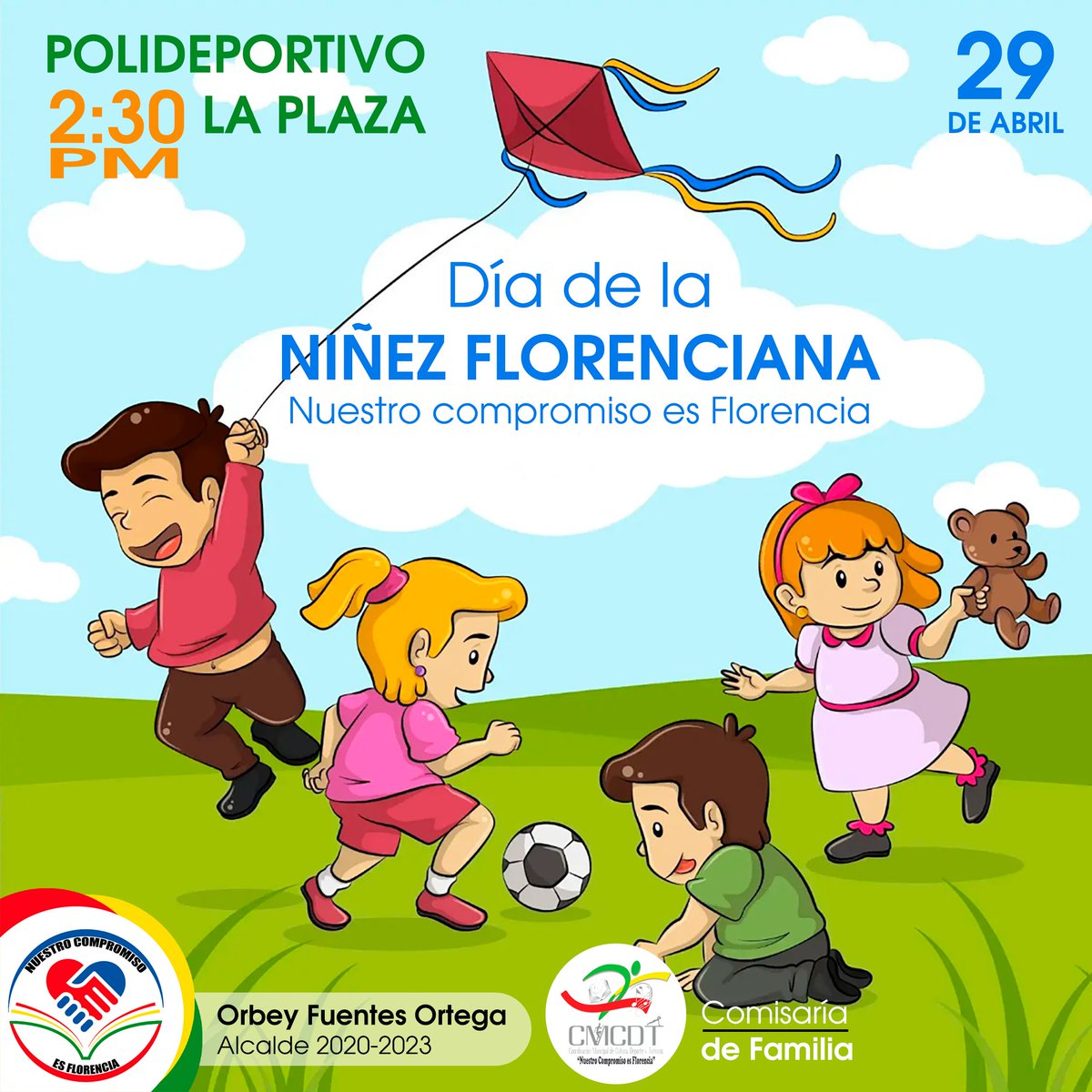 Este viernes, 29 de abril, celebraremos el Día de la niñez florenciana, con encuentros deportivos y recreativos, juegos tradicionales, dulces y premios sorpresa. Te esperamos en el polideportivo del barrio La Plaza, a partir de las 2:30 p. m. #NuestroCompromisoEsFlorencia 💖💛💚