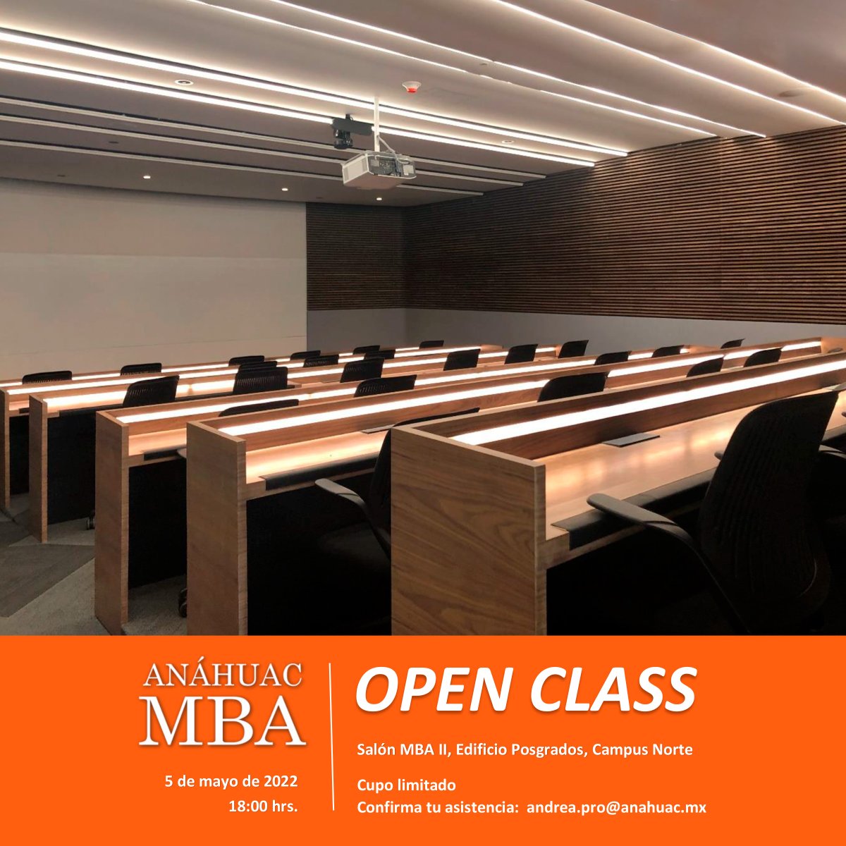 ¿Ya decidiste estudiar un #MBA para tu desarrollo profesional? Vive la experiencia #AnáhuacMBA en nuestra próxima #OpenClass presencial. #RSVP por email: andrea.pro@anahuac.mx

🗓 Jueves 5 de mayo, 6:00 pm 
📍 Centro de Estudios de Posgrados <a href="/Anahuac_P/">Posgrados Anáhuac</a>
