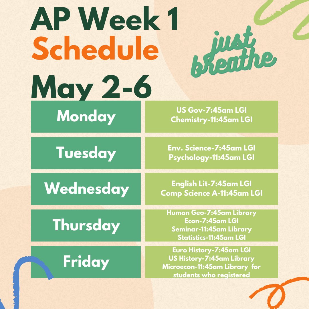 PWGuidance's tweet photo. PWHS AP Week 1 Schedule
May 2-6 https://t.co/S6IUkMrJo4